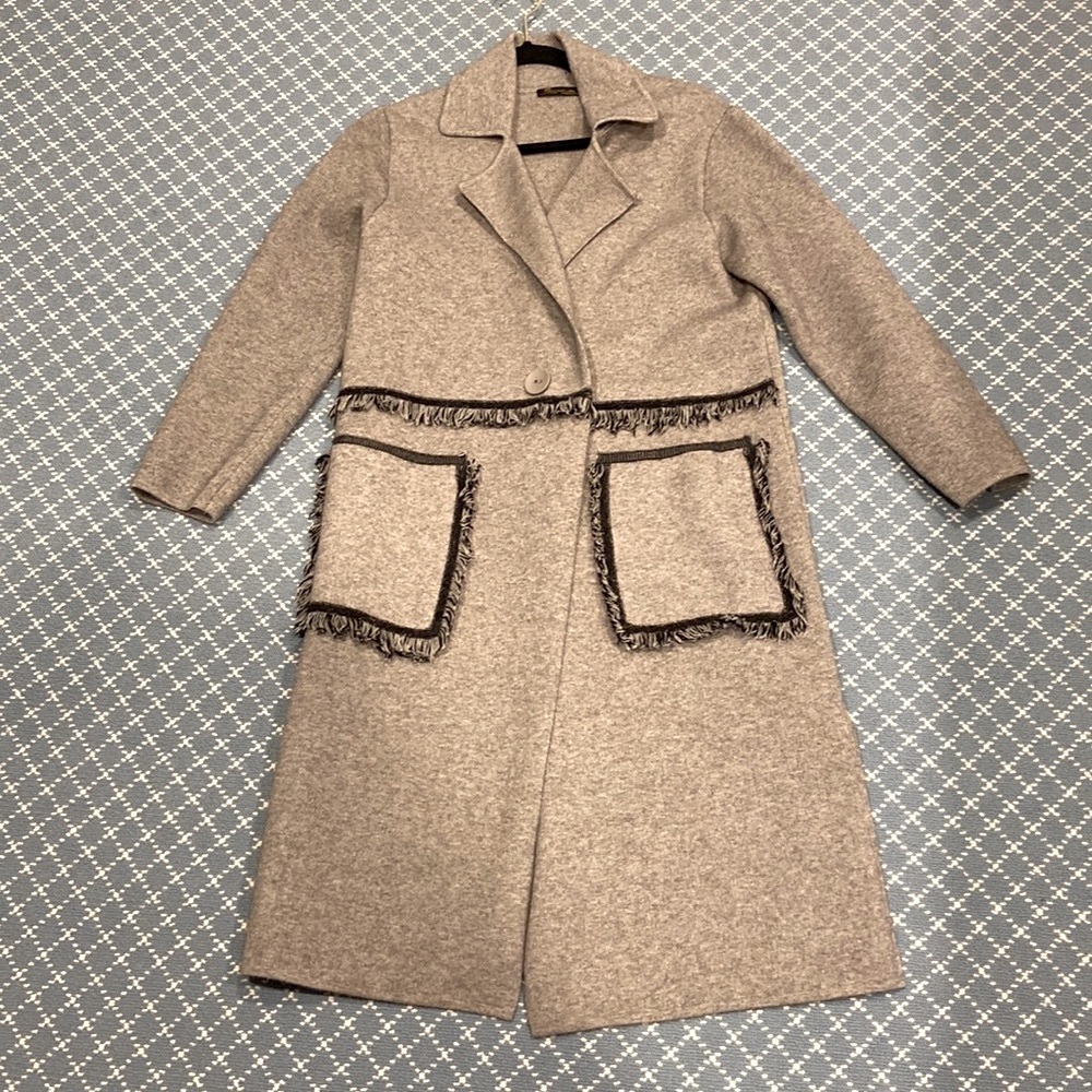 WORN 3 times! Like New. Light Heather Gray & Charcoal Gray Fringe Sweater Coat